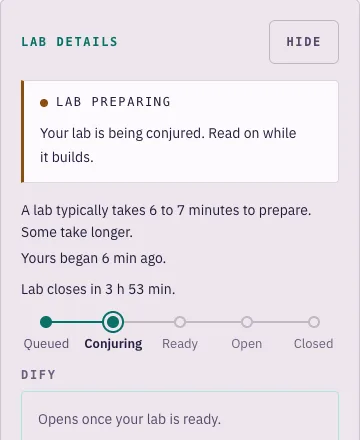 The exercise page with the lab panel: lab preparing, begun 6 minutes ago, the state track at Conjuring