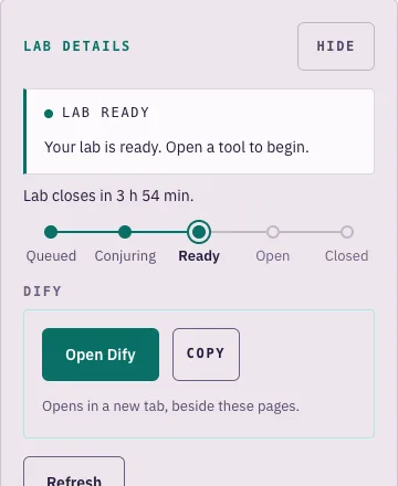 The first lesson with the lab panel: lab ready, an Open Dify button and the time left before the lab closes