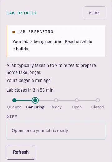 The lab panel: lab preparing, the state track at Conjuring