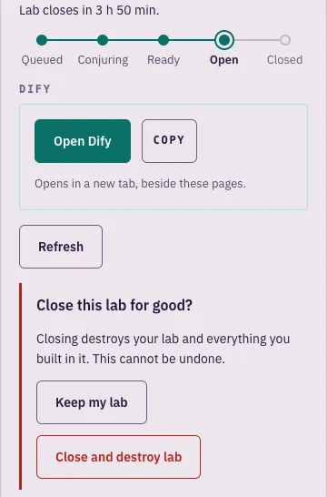 The close confirmation: Close this lab for good, with Keep my lab and Close and destroy lab buttons