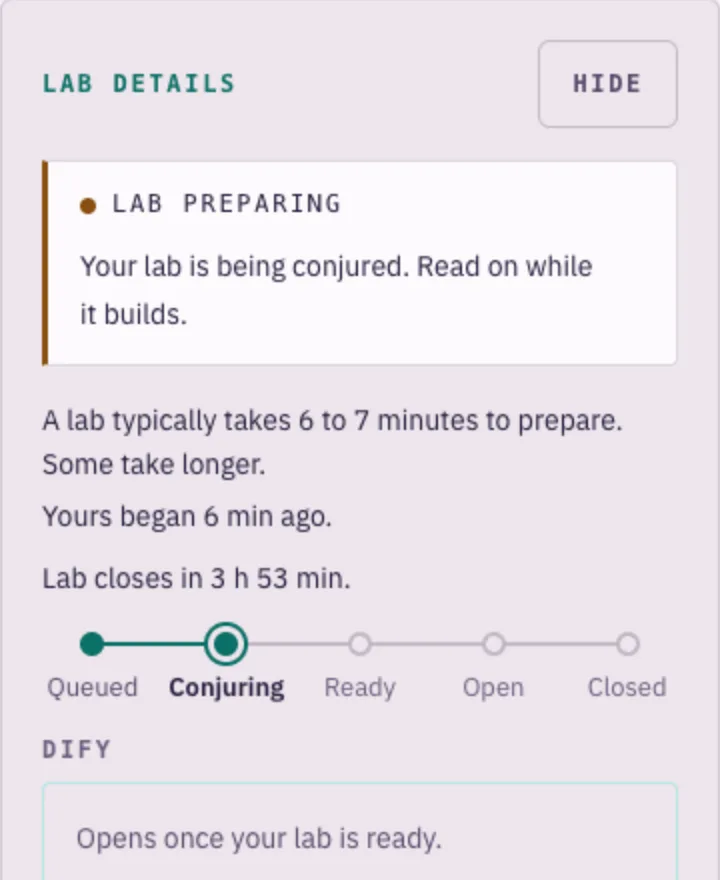 The exercise page with the lab panel: lab preparing, begun 6 minutes ago, the state track at Conjuring