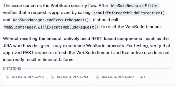 The published chatbot explaining Jira issue REST-259, with citations to four issues